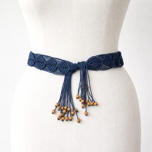 Boho Macrame Tie Waist Belt Navy Blue Wood Bead Fringe Hippie Festival Chic VTG